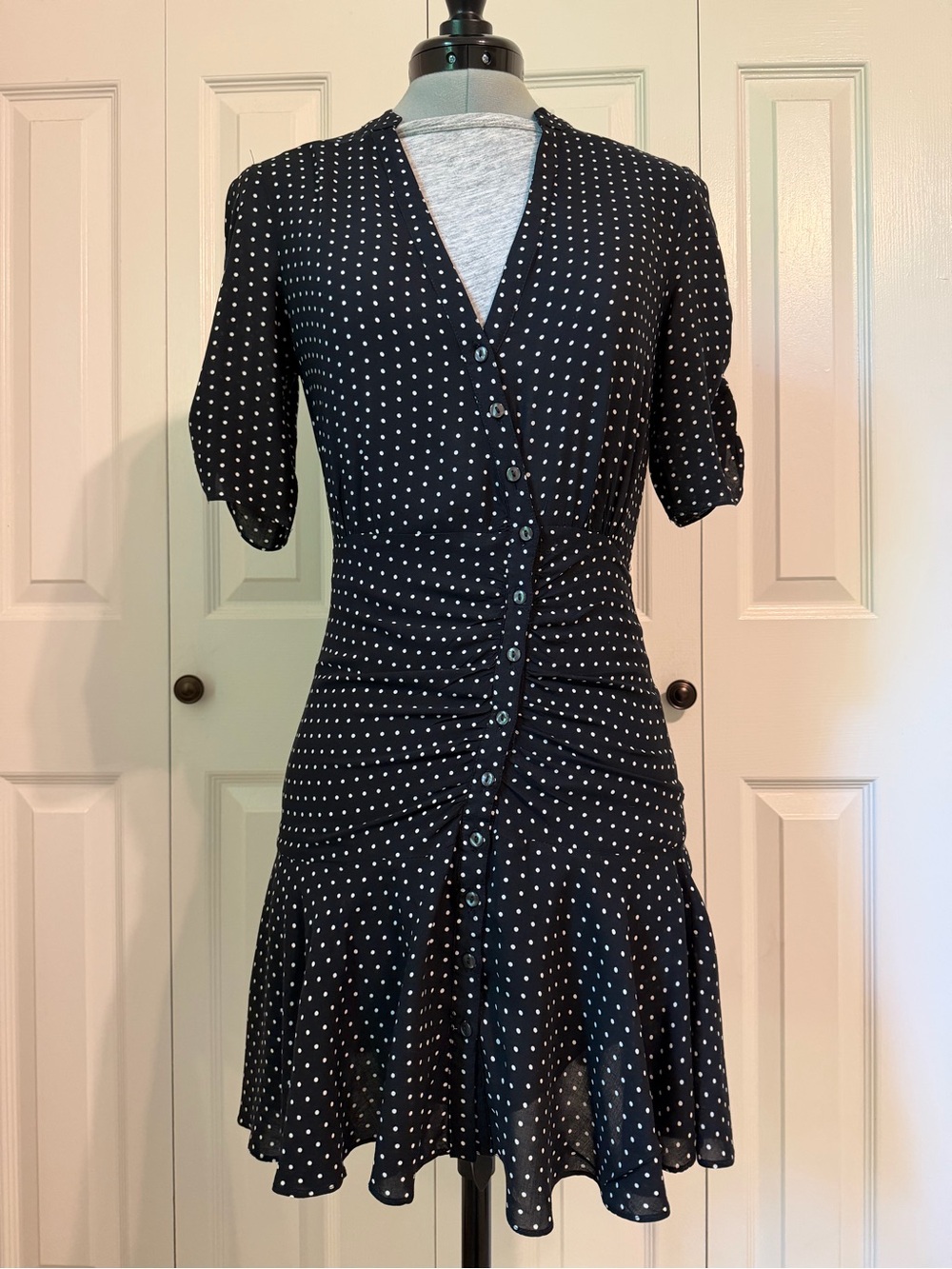 Free People Black Polka Dot V-Neck Button-Front Midi Dress